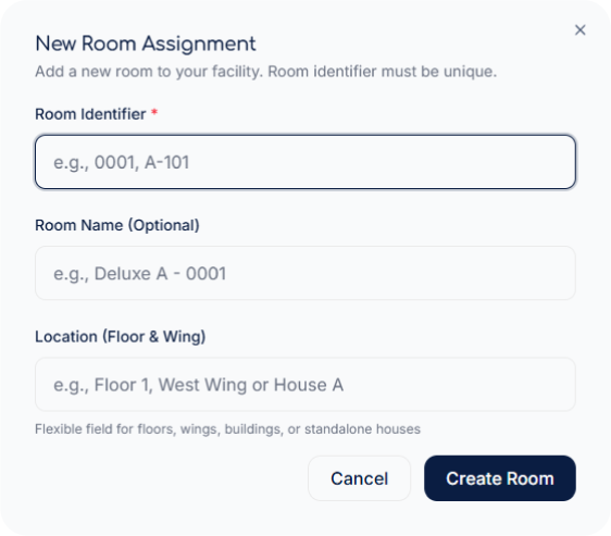 MedGuardian New Room Assignment dialog with room identifier, room name and location fields
