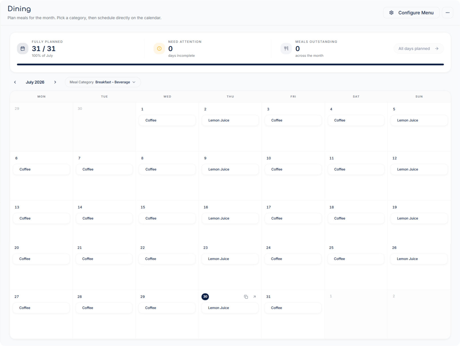 MedGuardian Dining month planner showing every day of July fully planned with scheduled meals per day