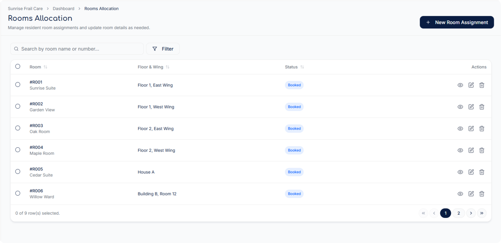 MedGuardian Rooms Allocation table showing rooms, floor and wing, booking status and actions