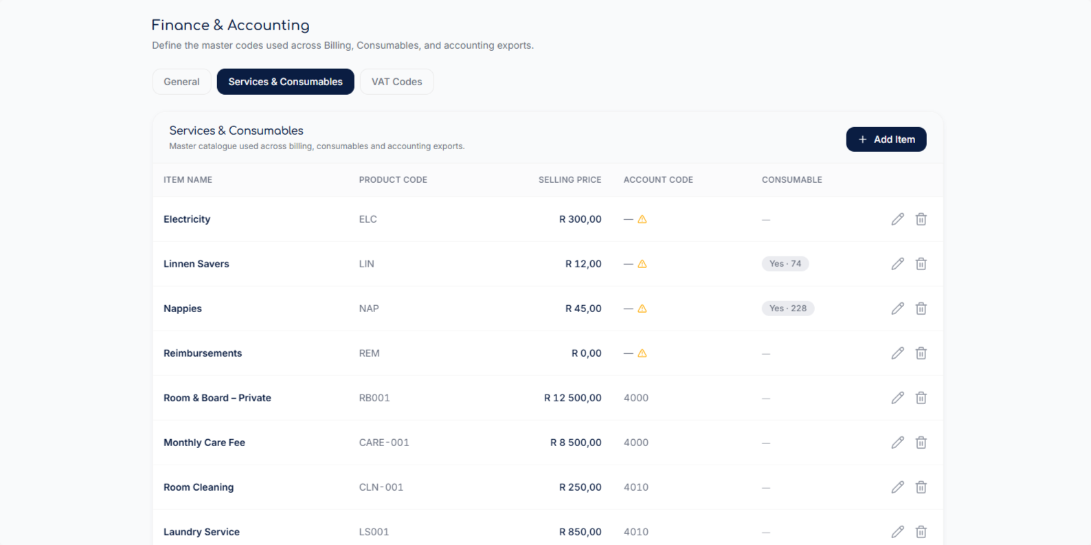 MedGuardian Finance and Accounting services and consumables catalogue listing item names, product codes, selling prices, account codes and consumable stock levels