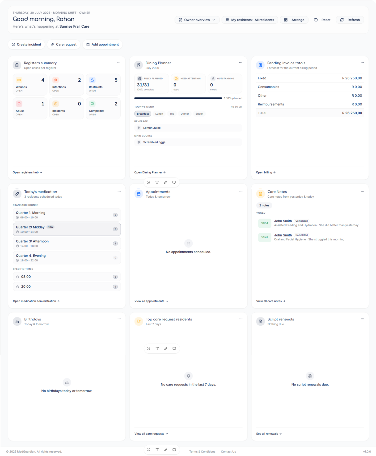 MedGuardian operational dashboard showing registers summary, dining planner, pending invoice totals and today's medication for Sunrise Frail Care