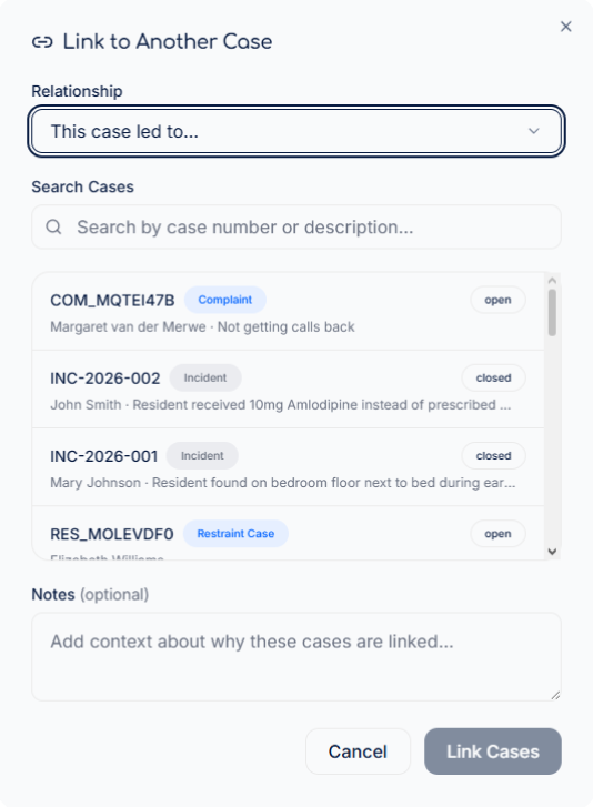 MedGuardian Link to Another Case dialog showing related complaint, incident and restraint cases with relationship and notes fields