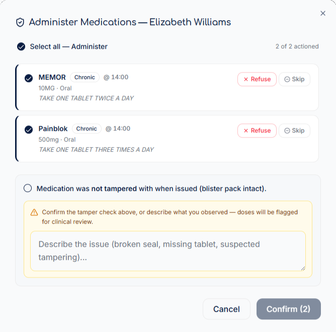 MedGuardian Administer Medications dialog listing due doses with refuse and skip options and a tamper check confirmation