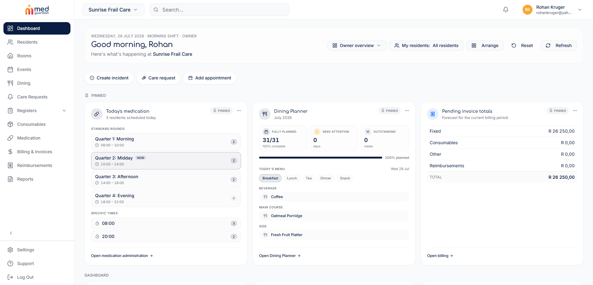 MedGuardian application navigation menu with dashboard, residents, rooms, events, dining, care requests, registers, medication, billing and reports, beside the Sunrise Frail Care dashboard