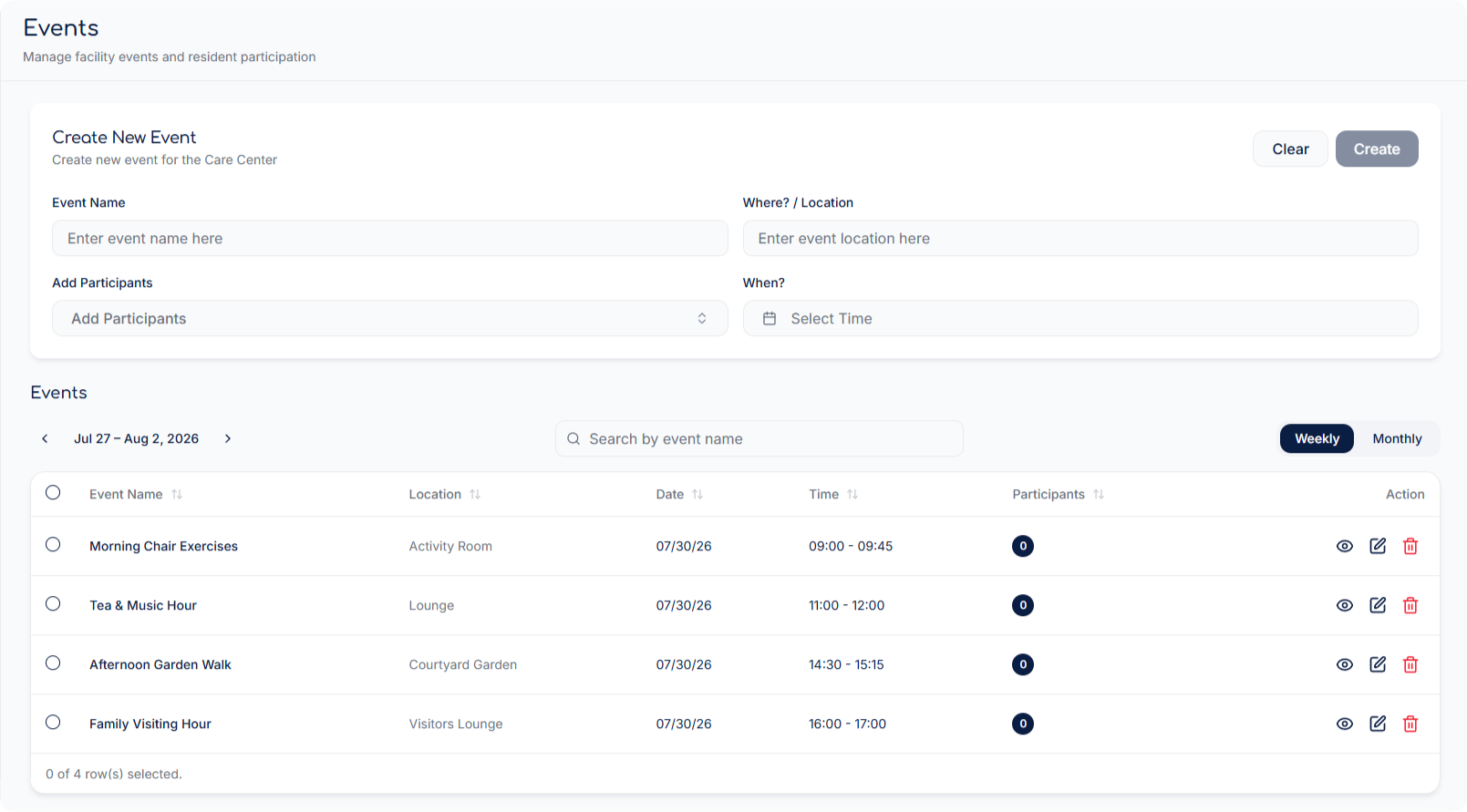 MedGuardian Events module showing the Create New Event form and a weekly list of resident activities with locations, times and participants