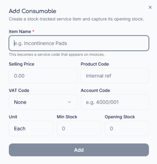 MedGuardian Add Consumable dialog capturing item name, selling price, product code, VAT code, account code, unit, minimum stock and opening stock