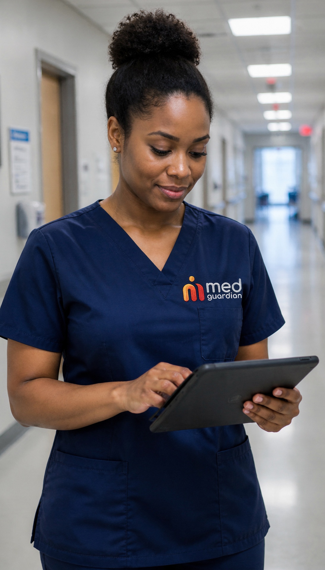 A nurse reviewing care information on a tablet in a modern care facility